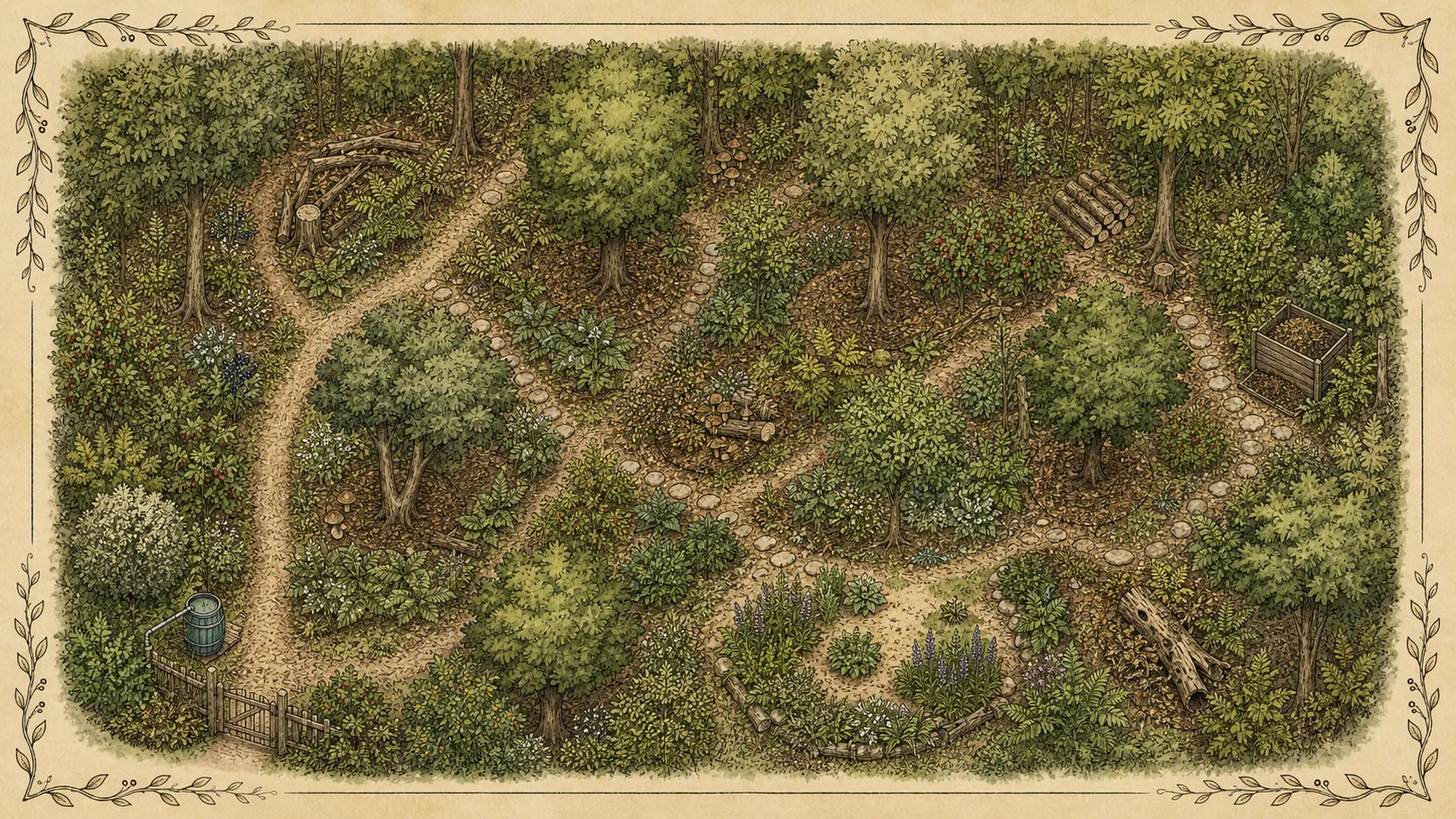 Illustrierter Plan eines vorhandenen Waldstücks mit bestehenden Bäumen, Trittpfad, essbaren Schattenpflanzen, Beerenrändern und Pilzholz