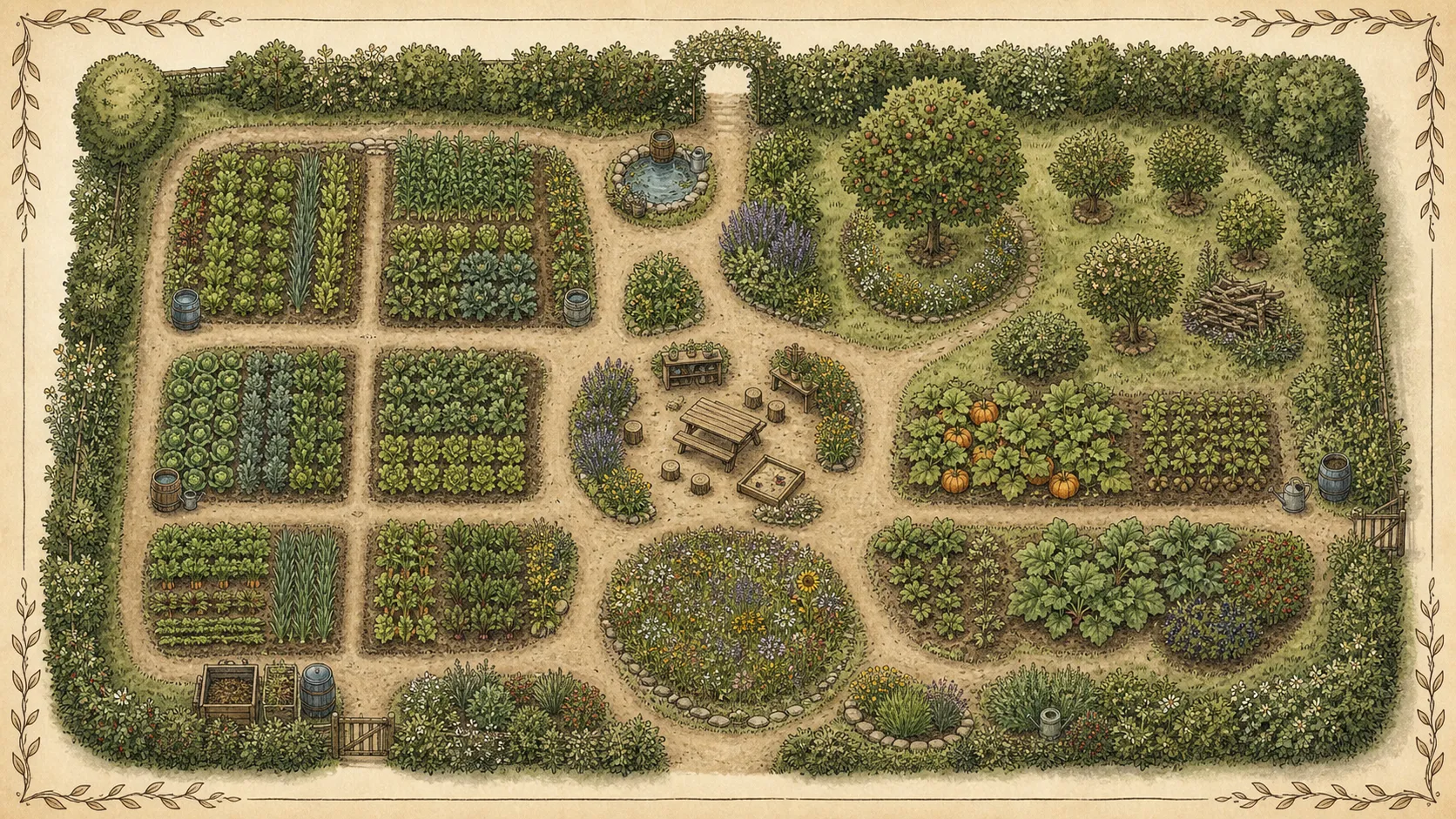 Illustrierter Plan eines Familiengartens mit Gemüsequartier, Obstbaum, Beeren, Blüteninsel, Wegen und Aufenthaltsbereich