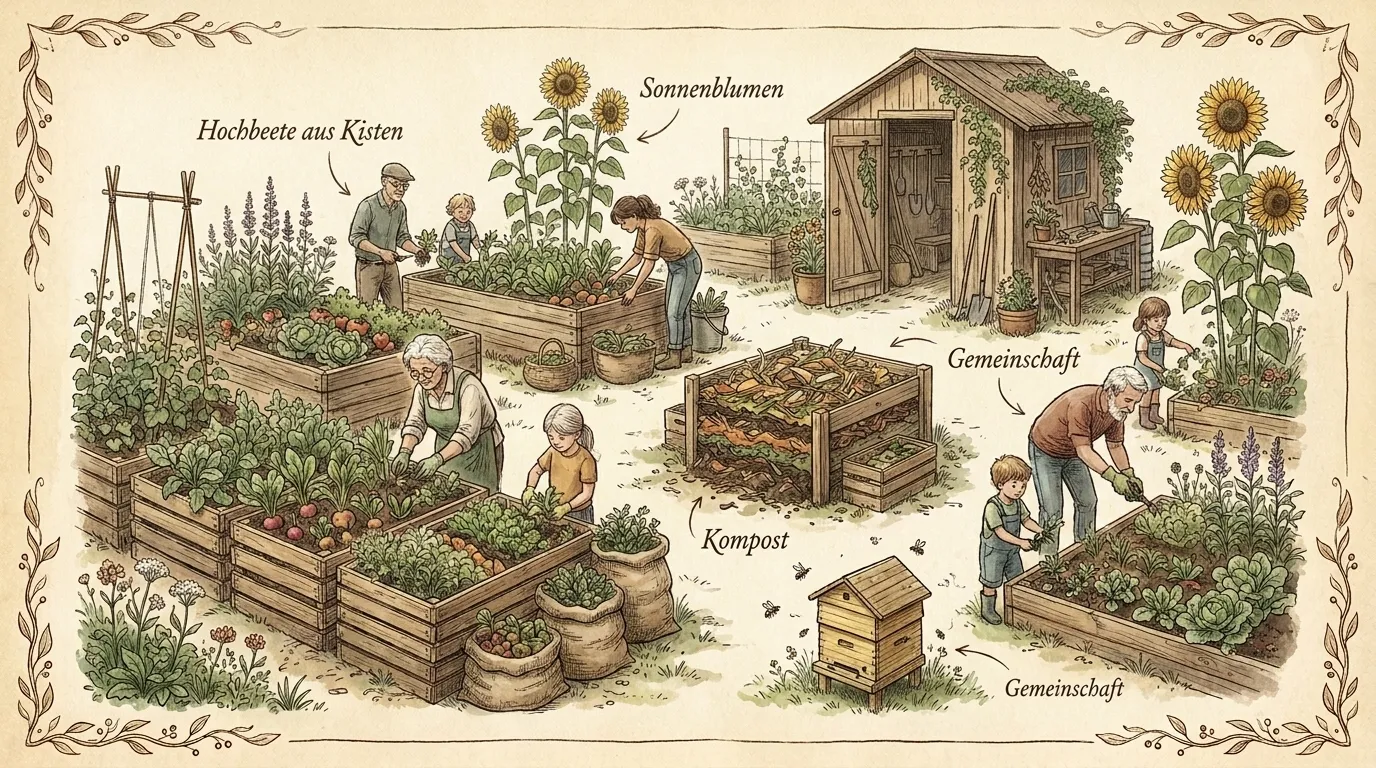 Lebendiger Gemeinschaftsgarten auf einer Stadtbrache mit Hochbeeten aus Kisten, gärtnernden Menschen aller Generationen und Bienenstock