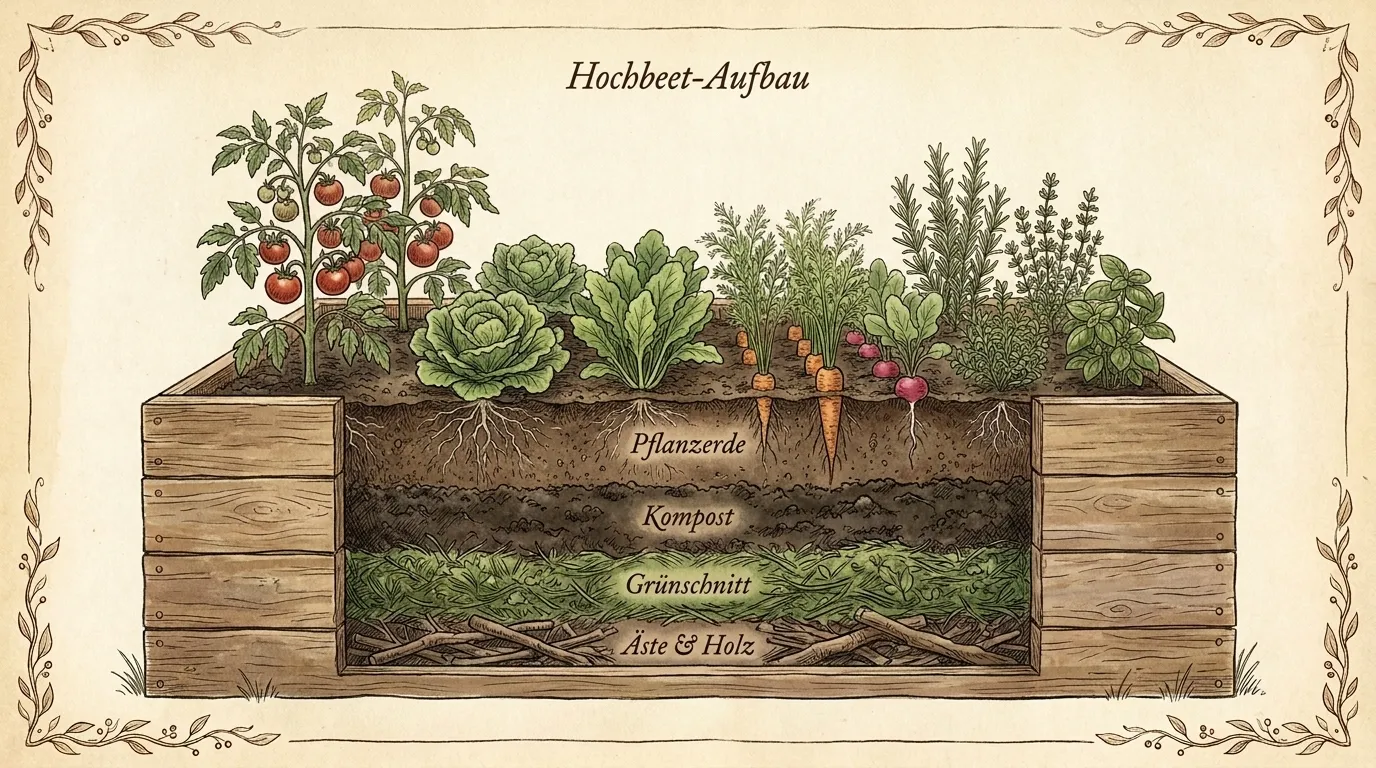 Aufgeschnittenes Hochbeet mit den Füllschichten von grobem Holz unten bis Pflanzerde oben, darauf wachsendes Gemüse