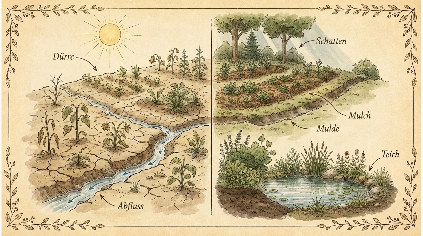 Vergleichsbild: links ein vertrockneter Garten, rechts ein widerstandsfähiger Permakultur-Garten mit Mulch, Schatten und Teich