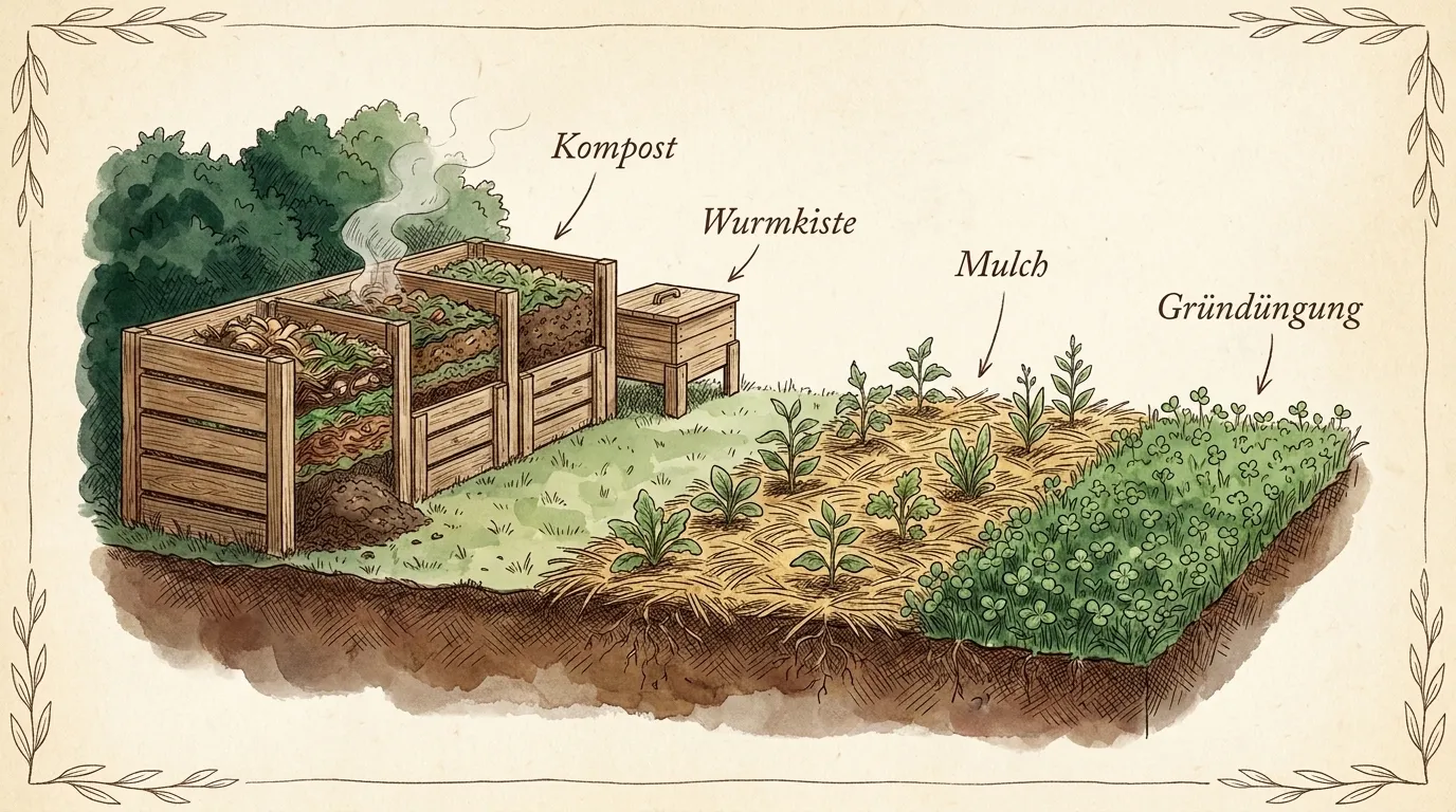 Dreikammer-Kompostsystem aus Holz, Wurmkiste, gemulchtes Beet und Kleegründüngung
