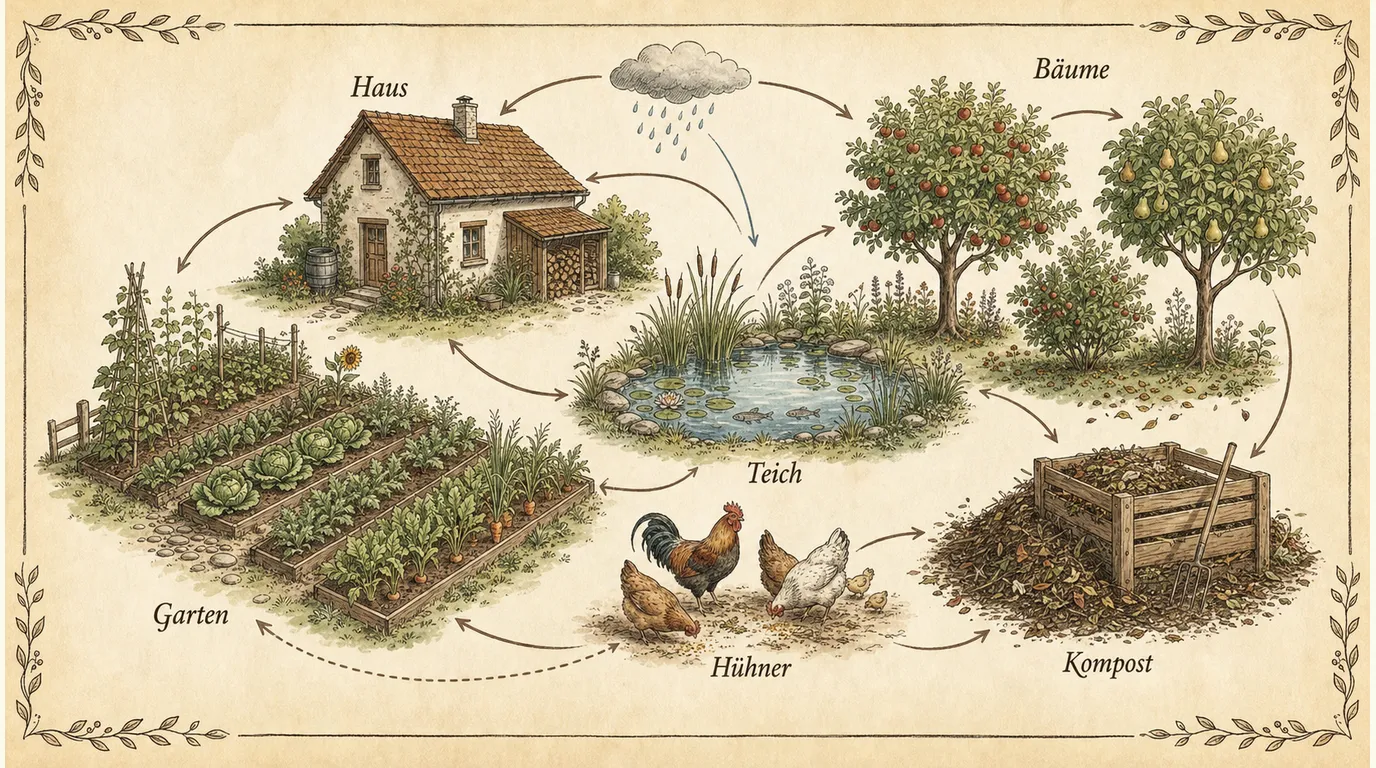 Hof mit Haus, Garten, Teich, Bäumen, Hühnern und Kompostkreislauf