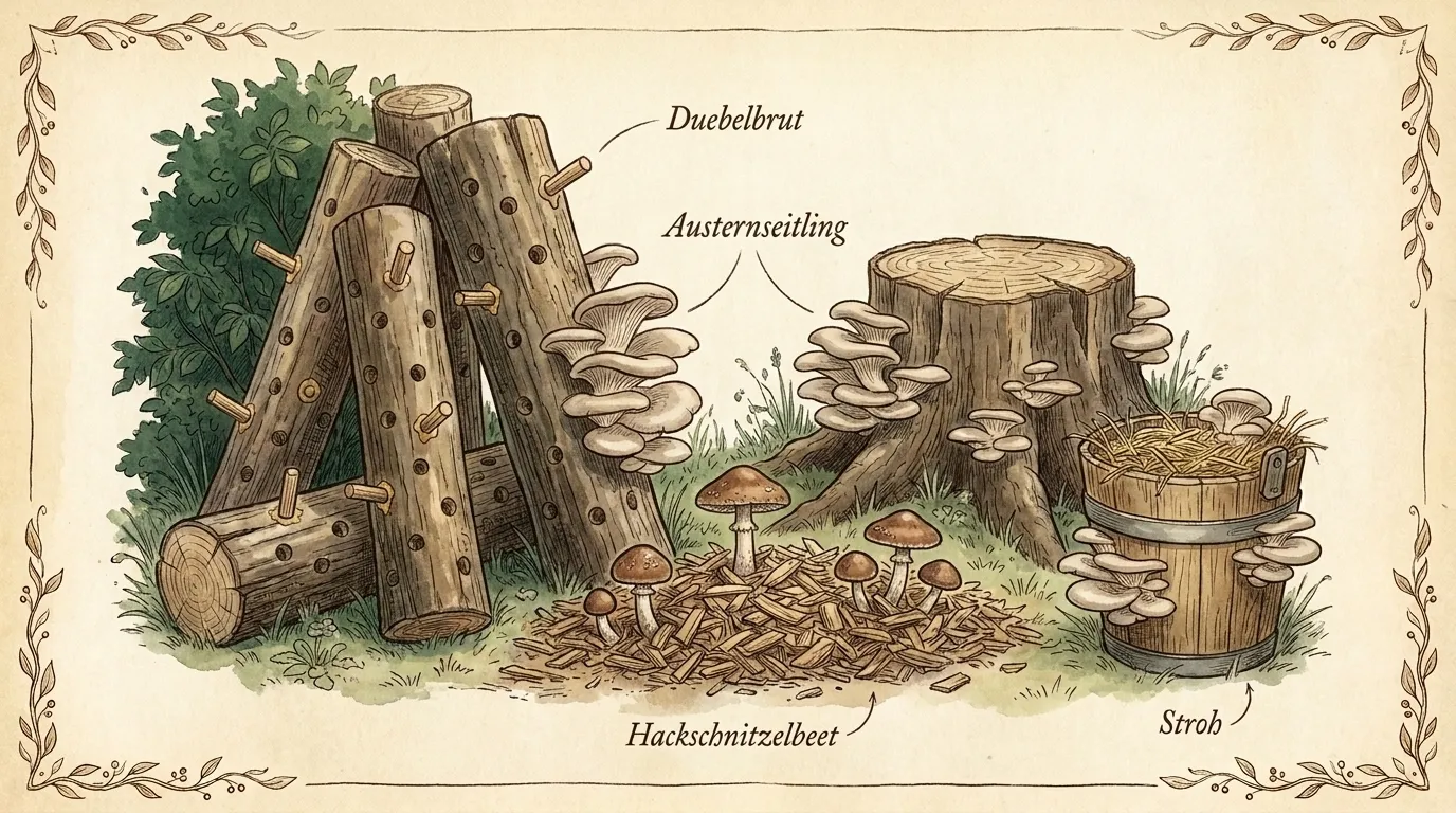 Pilzzucht im Garten: mit Dübelbrut beimpfte Holzstämme, Austernseitlinge an einem Stamm, ein Hackschnitzelbeet mit Braunkappen und ein Strohballen