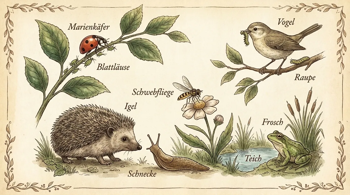 Garten-Nahrungsnetz: Marienkäfer frisst Blattläuse, Igel bei Schnecken, Vogel mit Raupe, Schwebfliege, Frosch am Teich