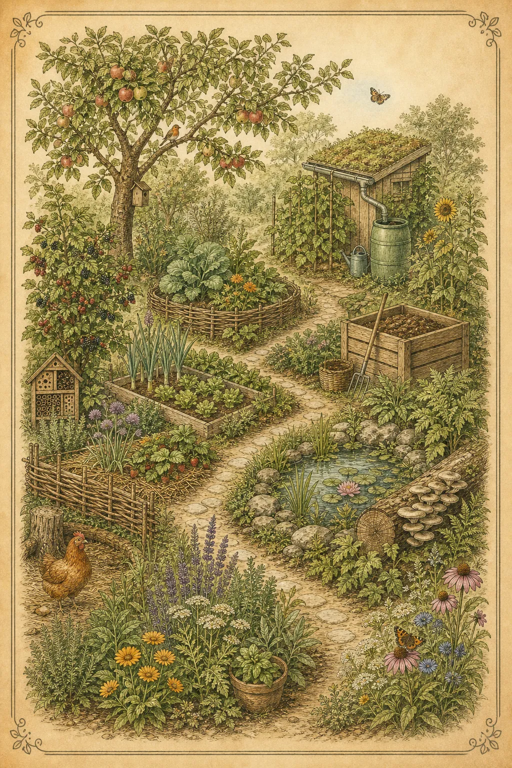 Gartenansicht mit Obstbaum, Beeten, Wasser, Kompost und Blütenflächen