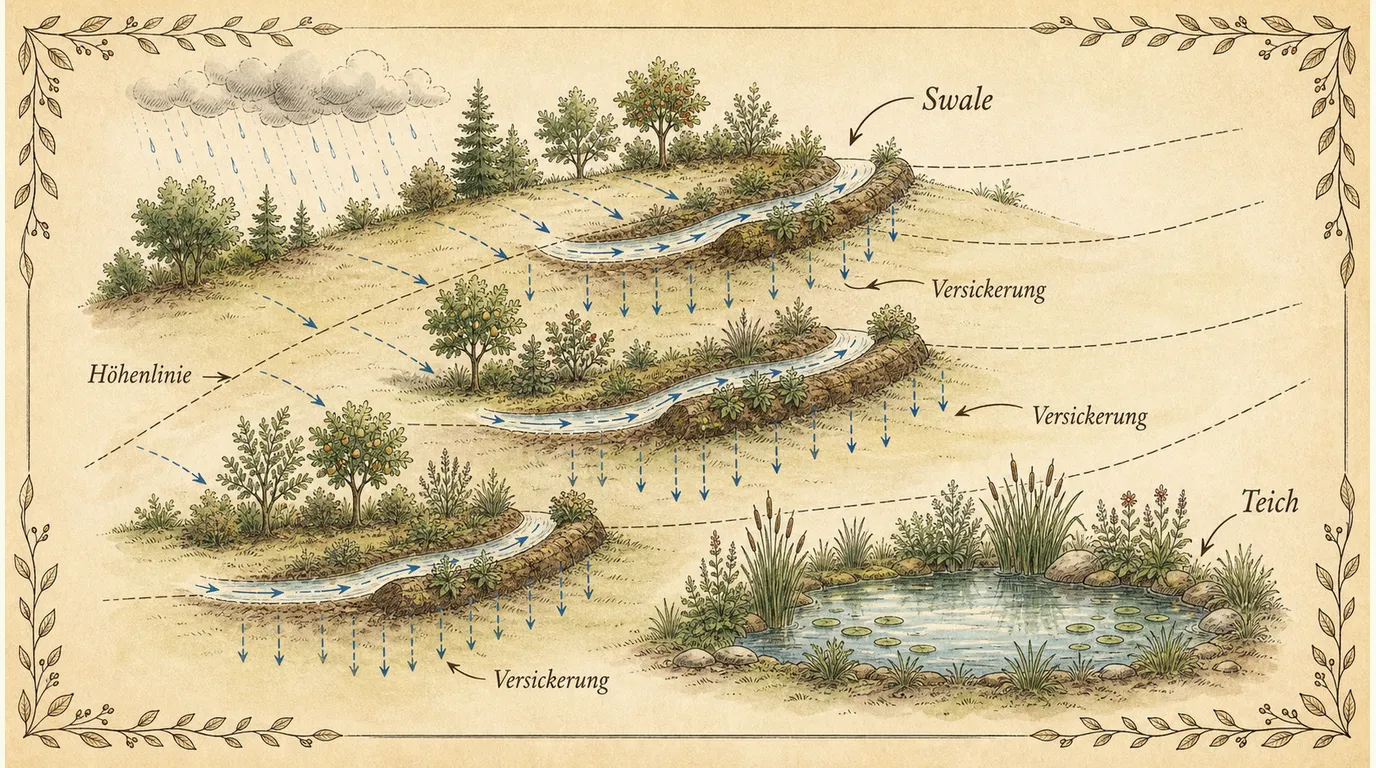 Hanglandschaft mit Swales entlang der Höhenlinien, Teich am Hangfuß und versickerndem Wasser