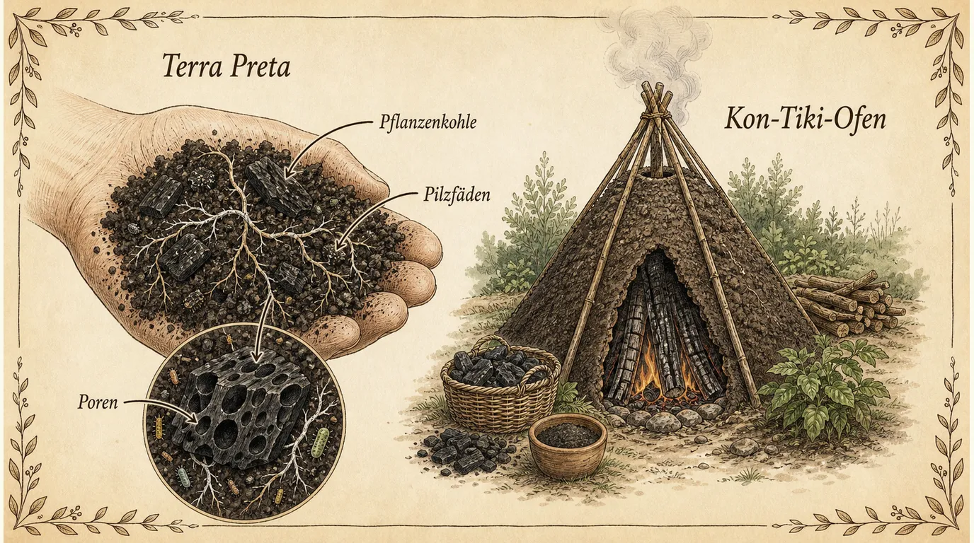 Vergrößerte Terra-Preta-Erde mit poröser Pflanzenkohle voller Bodenleben, daneben ein Kon-Tiki-Kegelofen