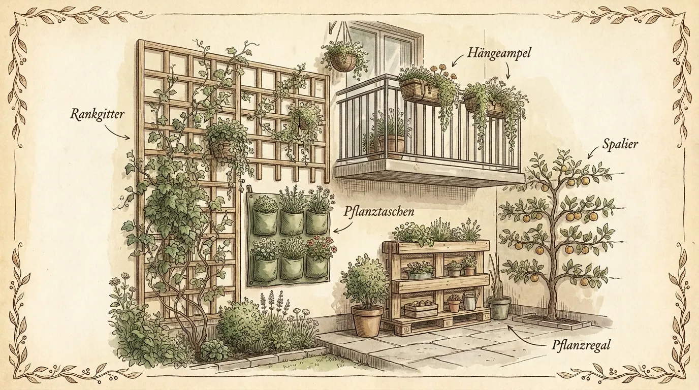 Begrünte Hauswand und Balkon mit Rankgittern, hängenden Töpfen, Kletterpflanzen und Kräutertaschen