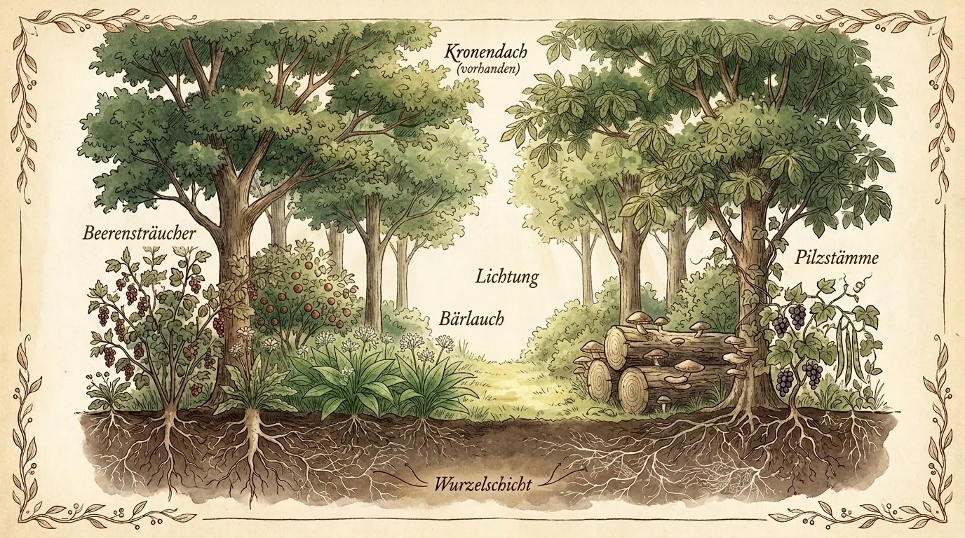 Bestehender lichter Laubwald mit essbarem Unterwuchs: Beerensträucher, Bärlauch und Waldmeister am Boden, Pilzstämme und eine sonnige Lichtung